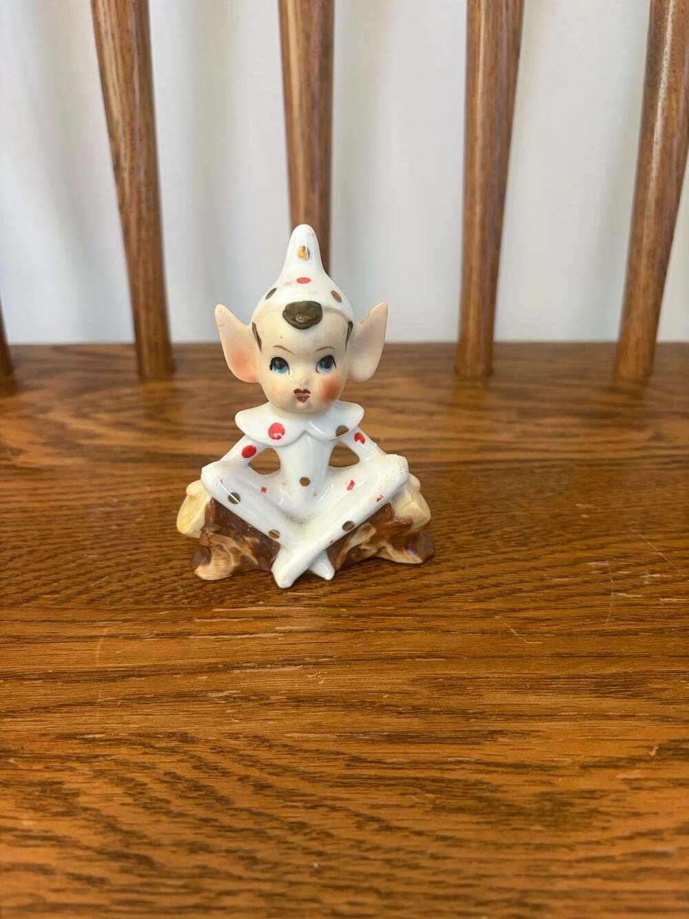 Vintage Made in Japan Ceramic Elf Pixie Figurine on Log